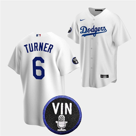 Men's Los Angeles Dodgers #6 Trea Turner 2022 White Vin Scully Patch Cool Base Stitched Baseball Jersey